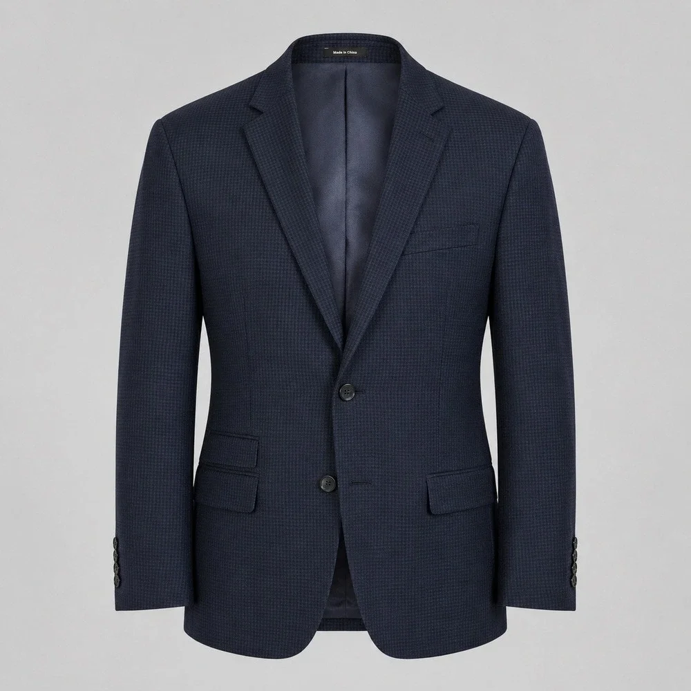 Egara Mens 46R Slim Fit 100% Wool Blazer Navy Blue Houndstooth‎ Sport Coat